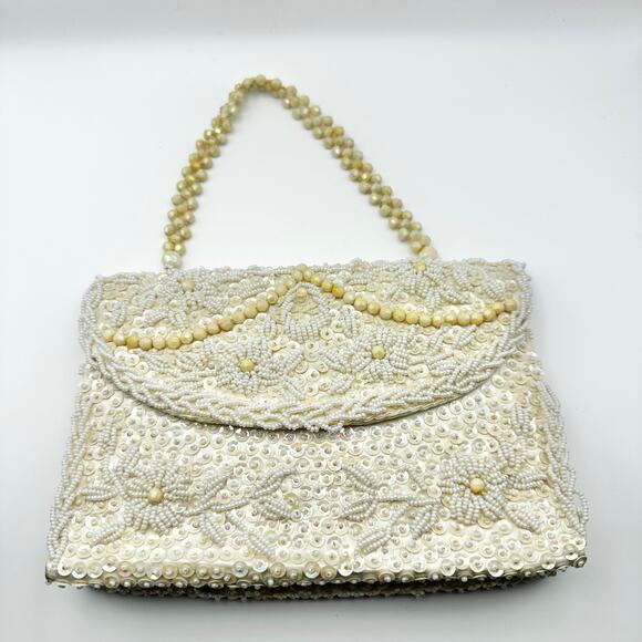 Vintage Ivory Silk Bead Sequin Front Flap Evening Bag Top Handle Strap Hong Kong - Picture 1 of 9